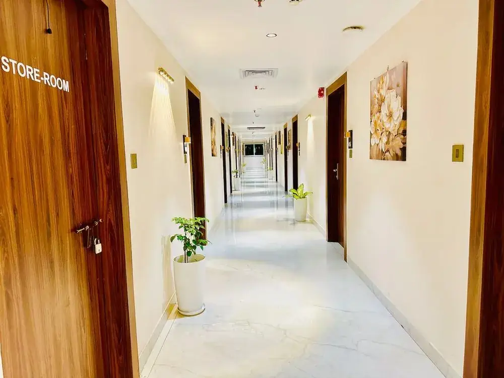 Guest room corridor at Basera Hotel